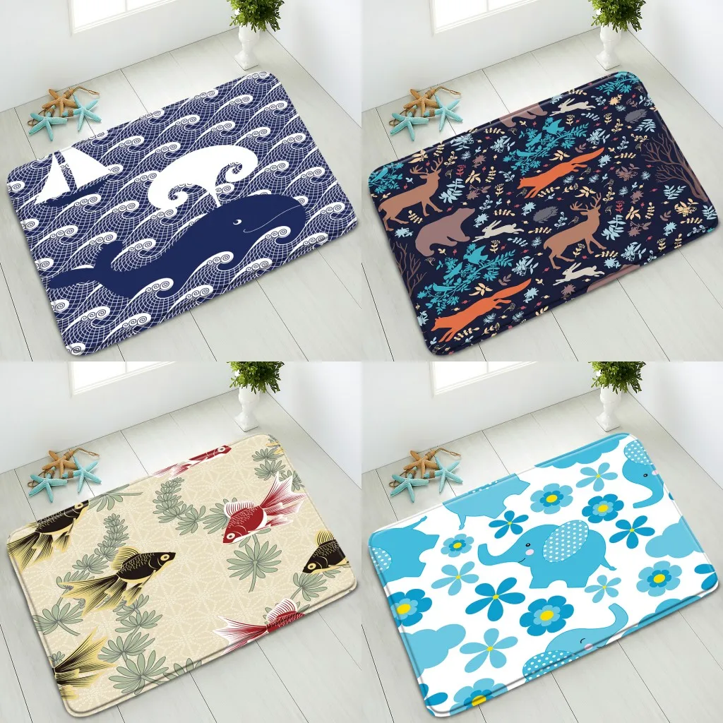 

Нескользящий коврик для ванной, Мультяшные животные, слон, дельфин, олень, рыба, комнатные напольные коврики для спальни, кухни, впитывающий ...