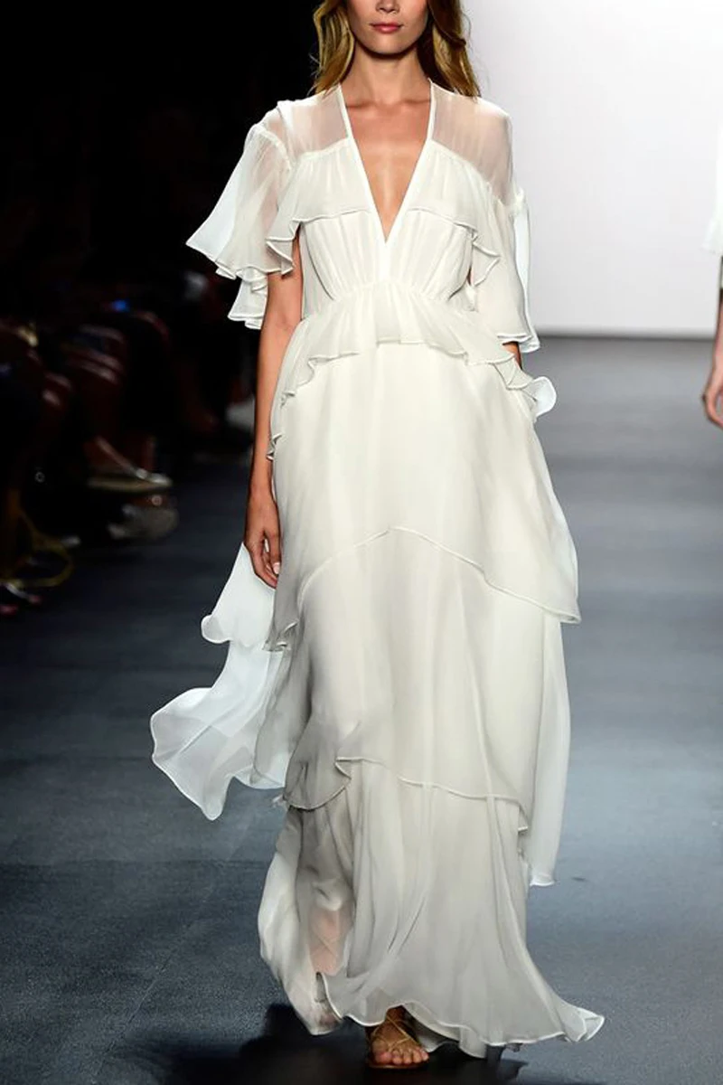 

Vacation Boho Chiffon Maxi Beach Dresses Women Summer Elegant White Ruffles Pleated Long Dress 2020