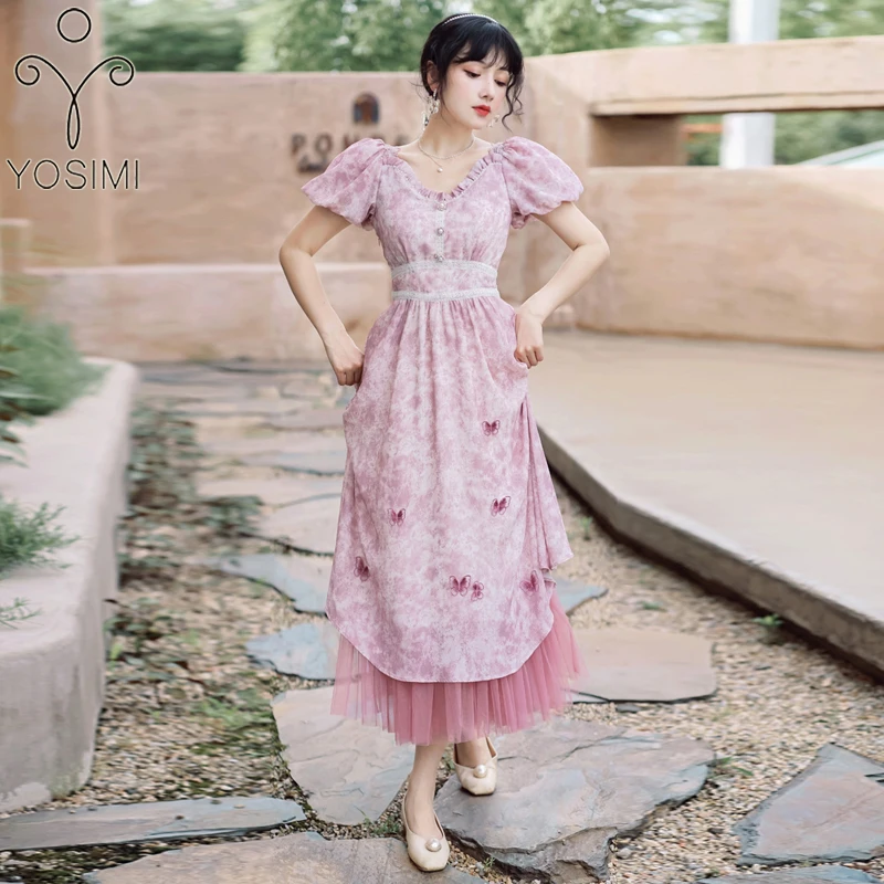 

Женское вечернее длинное платье YOSIMI вечерние элегантное розовое платье до середины икры с принтом и V-образным вырезом, облегающее платье с ...