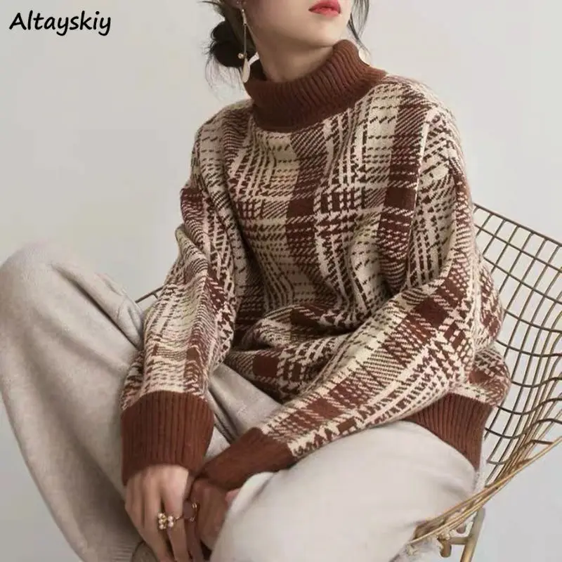 

Свитер-водолазка Женский, осенний, в клетку, в Корейском стиле