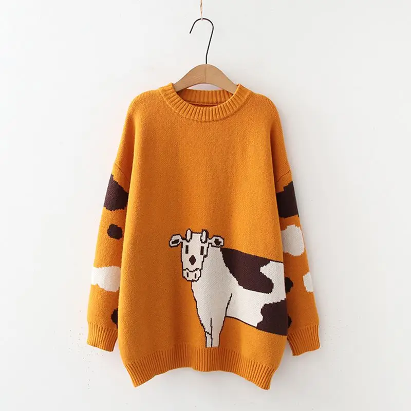 

Sweaters Women's Jumper O-neck Pullover Kawaii Long Sleeve Loose Knitted Pullover 2020 Winter Female Cartoon Cows Embroidery Top