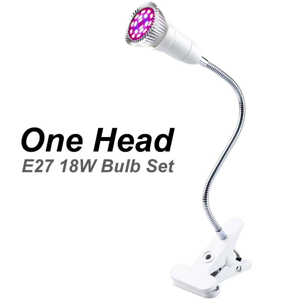 1 head Bulb 18leds Светодиодный светильник для выращивания E27, фитолампия, полный спектр, фито-лампа с зажимом для растений, саженцев, цветов, фитолампа, для культуры, для помещений - Испускаемый цвет: 1 head Bulb 18leds