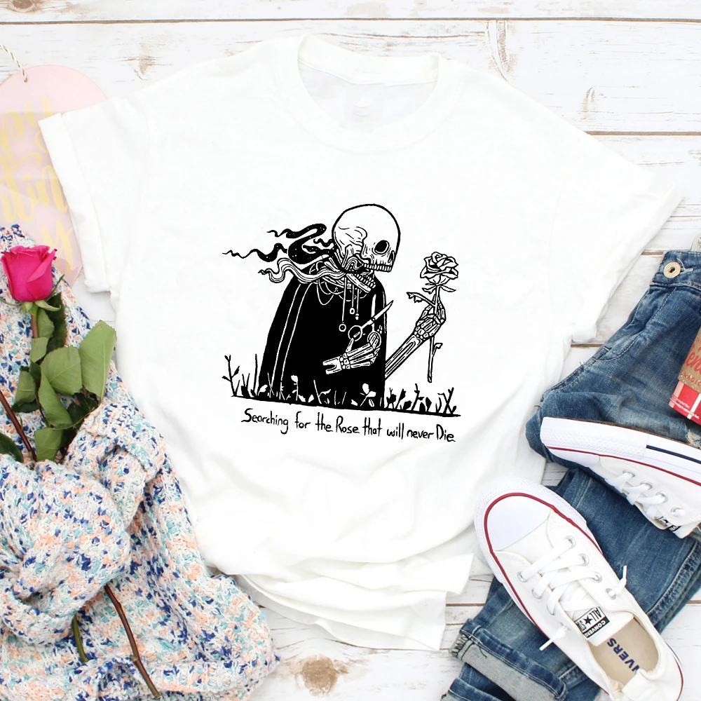 

Searching For The Rose That Will Never Die T-shirt Funny Skeleton Goth Tshirt Spooky Women Short Sleeve Hipster Gothic Top Tee