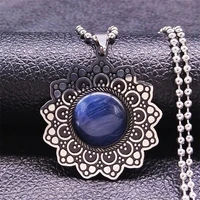 bohemia flower blue opal stainless steel charm necklaces silver color flower necklaces jewelry chaine acier inoxydable n3720s04