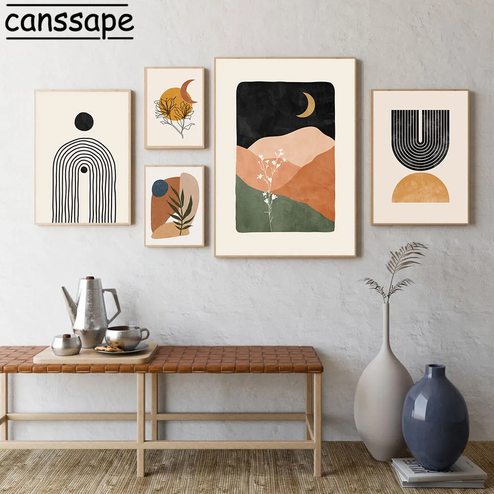 Abstract Wall Art Painting Sun Moon Landscape Posters Line Geometry Canvas Print Boho Pictures For Living Room Decoration | Дом и сад
