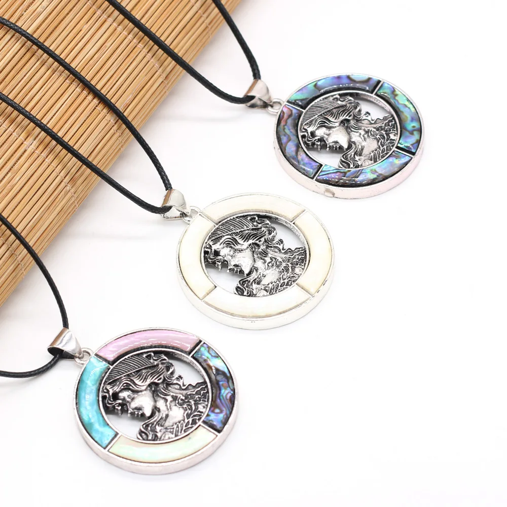 

Natural Shell Round Abalone Shell Mother of Pearl Shell Pendant Wax Thread Necklace for Women Jewelry Gift 45x45mm Length 55cm