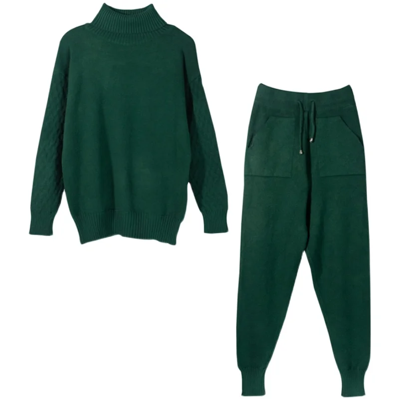 

Multicolor Women's Autumn and Winter New Warm Knitted Turtleneck Sweater and High Waist Pants Casual Suit