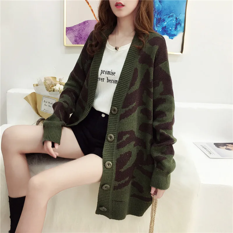 Woherb Harajuku свитер с леопардовой раскраской Женский Повседневный Свободный кардиган осень негабаритный вязаный кардиган джемпер Pull Femme 22979
