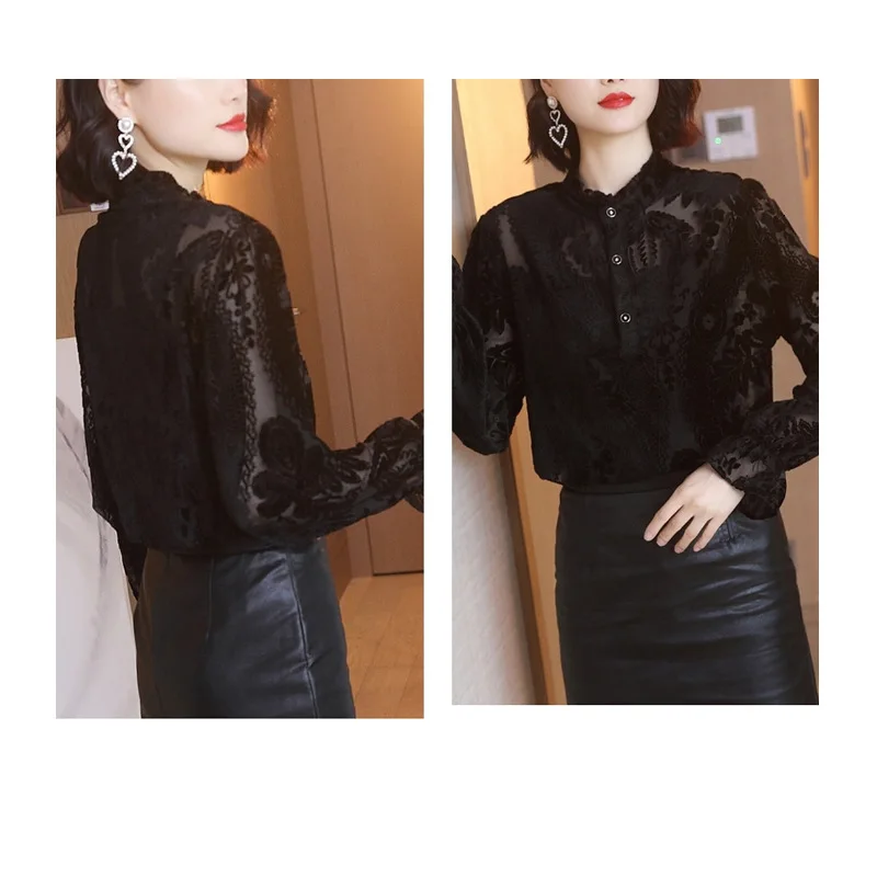 Перспективная кружевная женская блузка с узором 2020 рубашка длинным рукавом Blusas