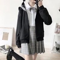 hot fashion kawaii black zip up hoodie women sailor collar sweatshirt japanese streetwear soft girl oversized skull vintage kpop