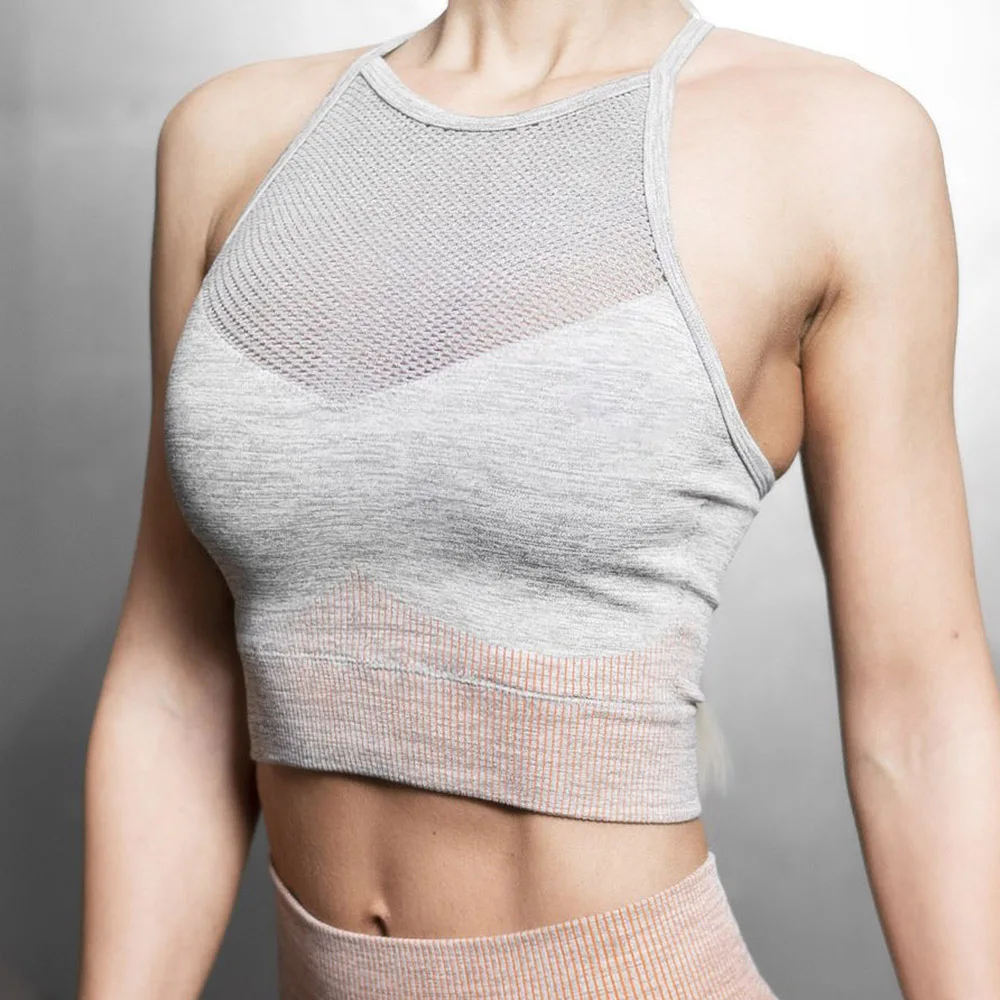 

Summer Women Gym Bra Padded Cross Back Breathable Mesh Stretchable Striped Print Spliced Bra Fitness Exercise Running Tops