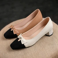 med block heels pumps for women 2021 autumn new fashion solid microfiber mixed colors butterfly knot office lady dress shoes