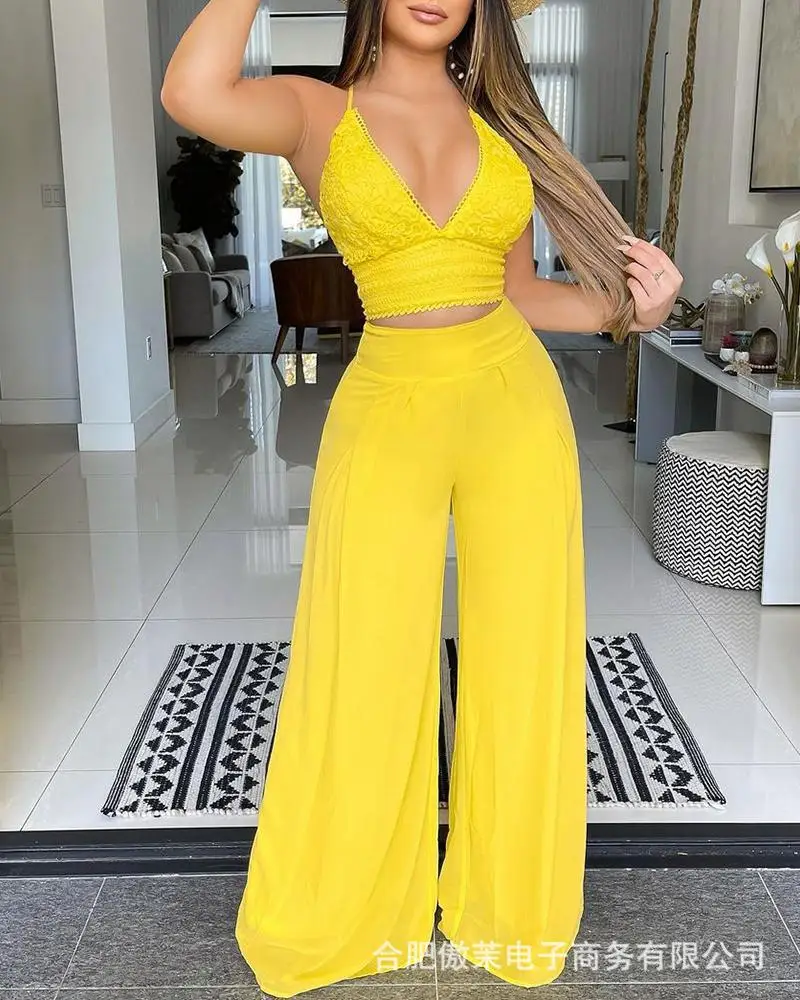 

2021 new women's yellow lace suspender wide-leg pants suit