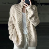 european station autumn and winter thick high necked cashmere knitted cardigan woman loose thin zipper sweater coat wool coat