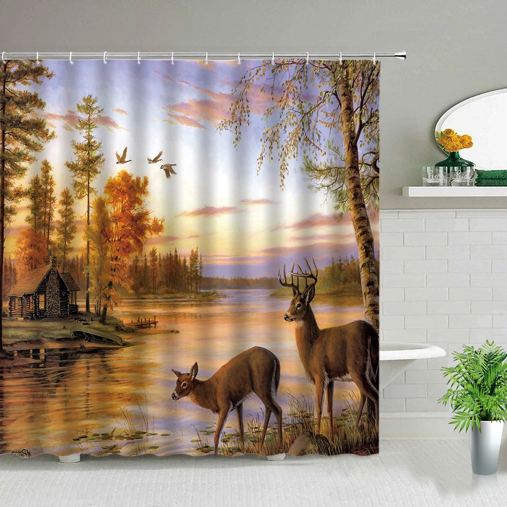 

Elk Shower Curtain Set Wild Animal Theme Forest Sunset River Deer Fashion Hanging Curtains Fabric Bathroom Decor Accessories