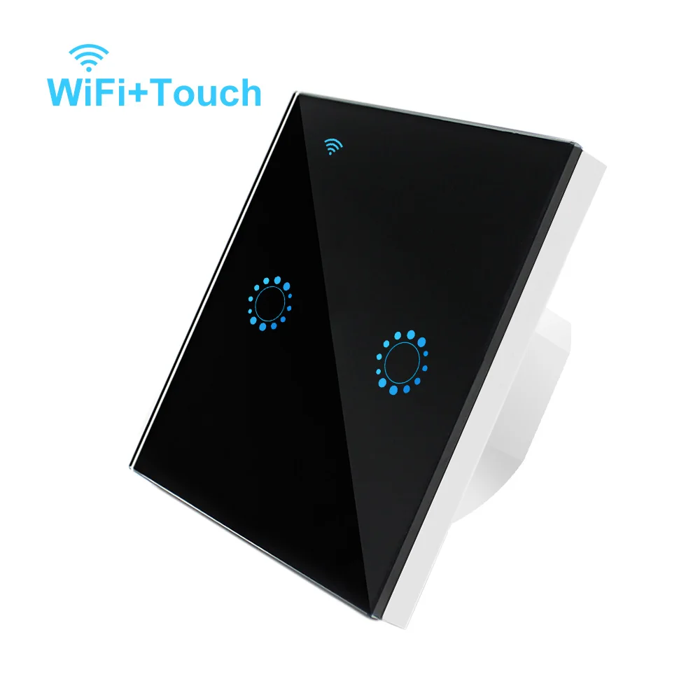 Black 2 Gang Wifi сенсорный выключатель, стандарт ЕС, 1, 2, 3 банды, стеклянная панель, умный настенный светильник, переключатель Ewelink, беспроводное управление, поддержка Alexa Google Home - Цвет: Black 2 Gang