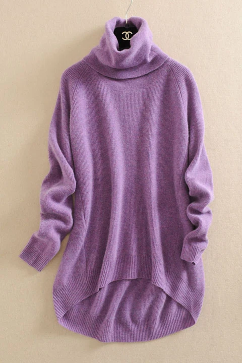 cashmere knit women casual pullover sweater irregular long piles high collar solid color one&ampover size | Женская одежда