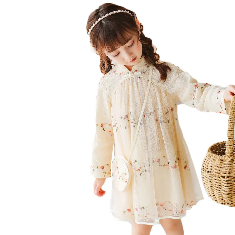 

2019 New Girls Lace Dress Children's Mesh Princess Dress Girls Long Sleeve Autumn Cheongsam Dress Wedding Flower Girl Dress