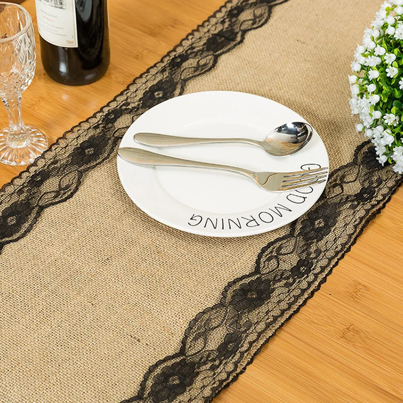 

Vintage Natural Burlap Jute in Table Runner Christmas Wedding Lace Black Table Runners Dining Room Restaurant Table Gadget