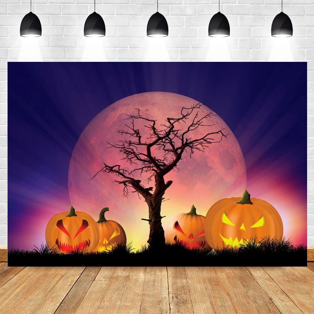 

Happy Halloween Party Backdrop Moon Branches Pumpkin Lantern Photography Background Photo Studio Vinyl Photophone Photozone Prop