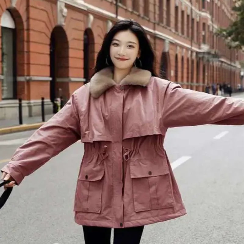 

Rex rabbit fur pie overcomes the tide of mid-elder women's 2021 winter new waist loose Hong Kong style cotton jacket