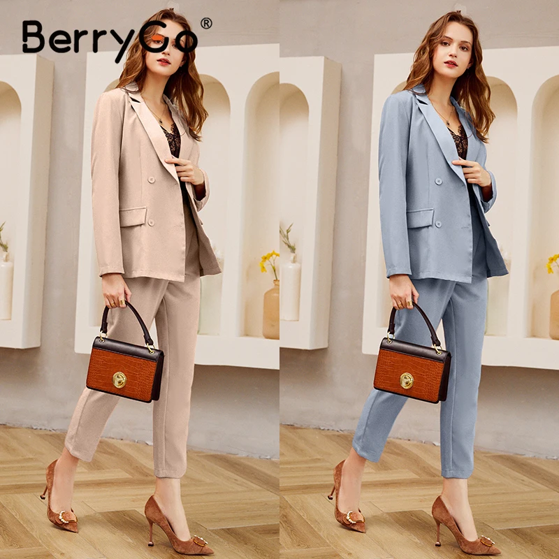 

BerryGo Two-piece blazer women suits Long sleeve double breasted casual blazer pants set Office ladies elegant pant suits 2020