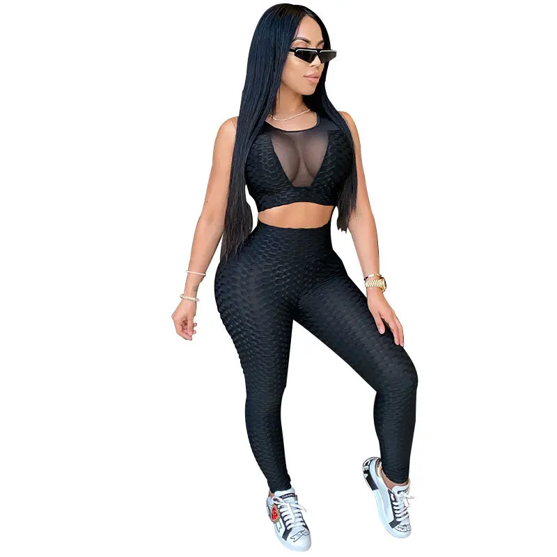 

Sexy Women 2 Piece Sets Summer Mesh Sleeveless T Shirt Pants Suit Solid Color Tracksuit Tracksuit Set Outfits Women Sets Costume