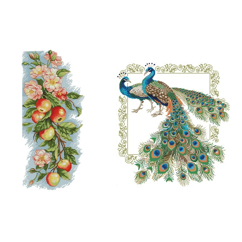 

2 Set Cross Stitch Kits Stamped Of Embroidery Starter Kits For Beginners,Flowers And Apples & Lucky Peacocks