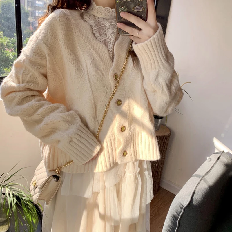 

2021 Short Women Autumn Sweater Female Outwear Cardigans Long Sleeve With Single-breasted Sweater Knitted Solid Colors Cardigan
