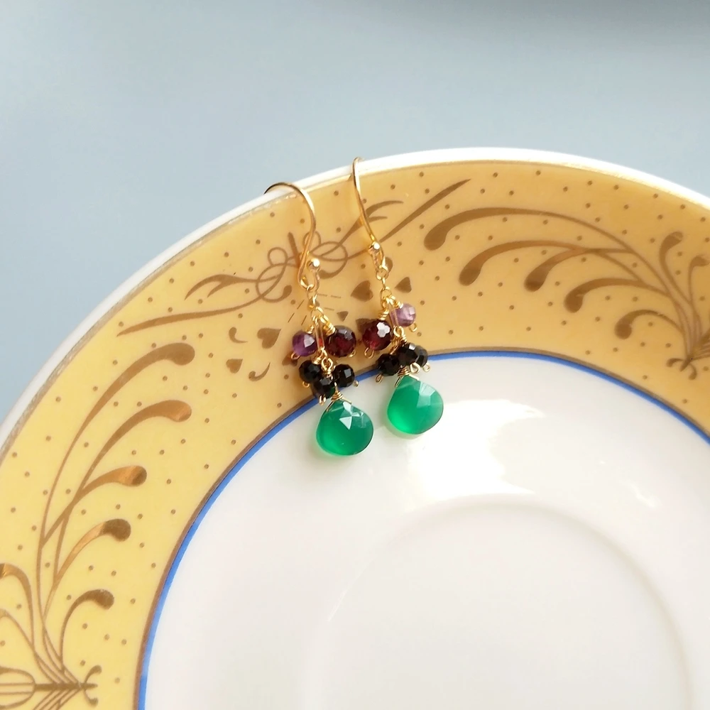 Серьги-подвески женские из серебра 925 пробы с гранатом аметистом и зеленым