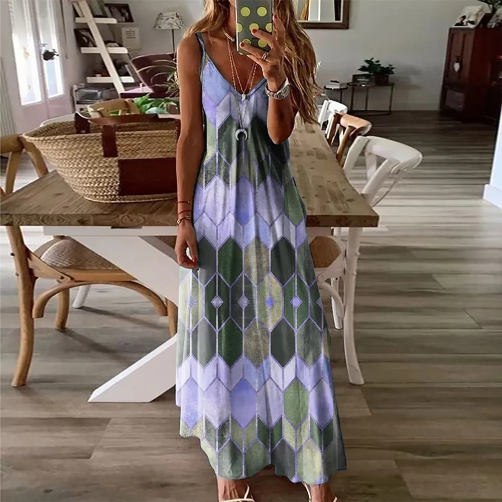 

Geometry Printed Camisole Long Dress For WomenSummer Casual Ladies Loose V Neck Sleeveless Maxi Dress Oversized S-5XL Femme 2021