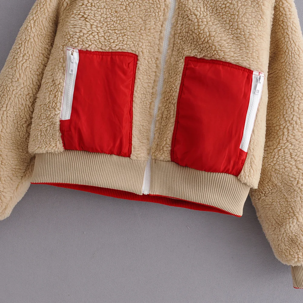 

Autumn and winter 2019 women's new contrast lamb wool coat loose Lapel with warm cotton jacket top