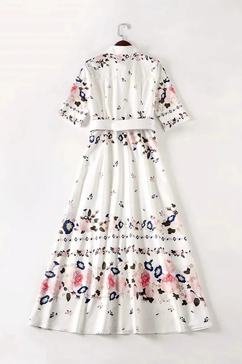 

Newest Fashion 2020 Spring Summer Women Turn-down Collar Exquisite Flower Print Half Sleeve Casual Long White Dress