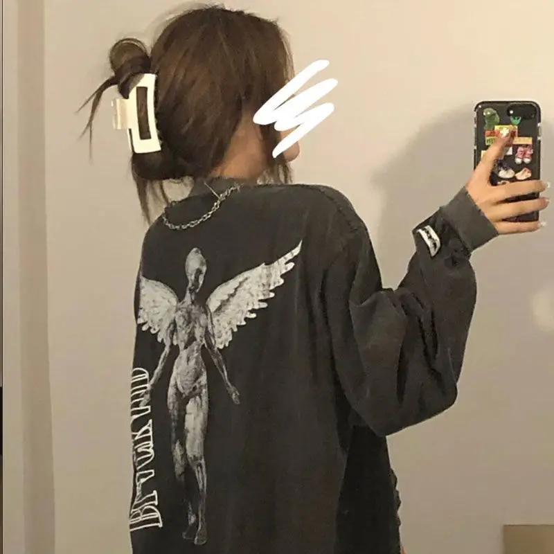 Худи женское черное оверсайз в стиле хиппи Харадзюку осень 2021 | Женская одежда