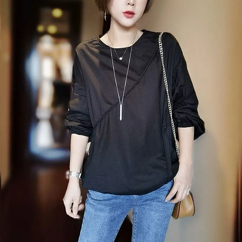 

Pullover Round Neck Simple Style Shirt Women Loose Casual Drawstring Stitching Long Sleeve Thin Solid Blouses Female Spring