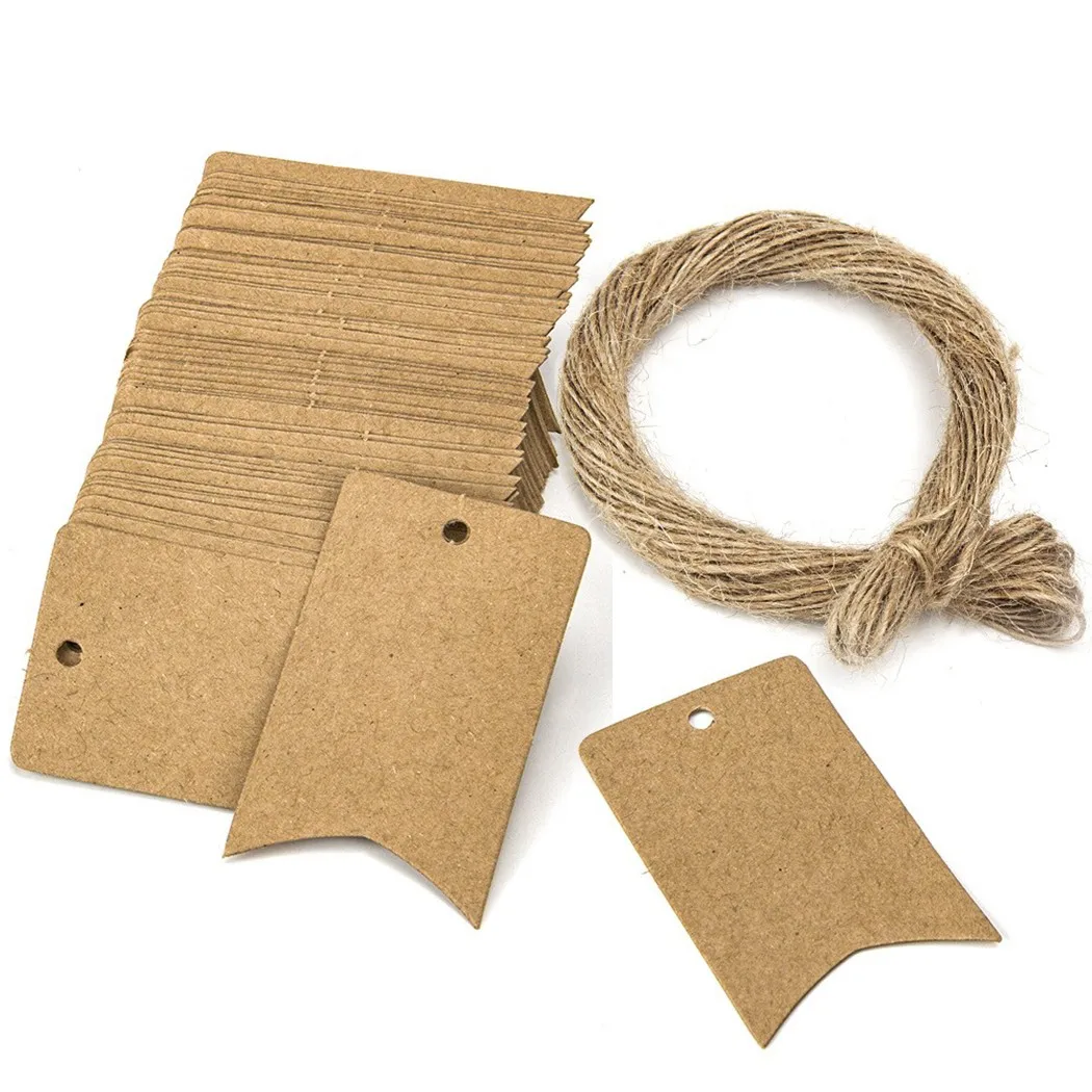 

100Pcs Kraft Paper Label DIY Hang Tags Blank Price Tags With Rope Christmas Party Wrapping Supplies Wedding Favors