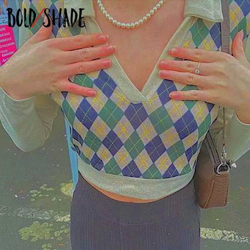 

Bold Shade Grunge 90s Fashion Sweaters Argyle Print Long Sleeve Knitted Y2K Preppy Style Jumpers Indie Vintage Women Sweater New