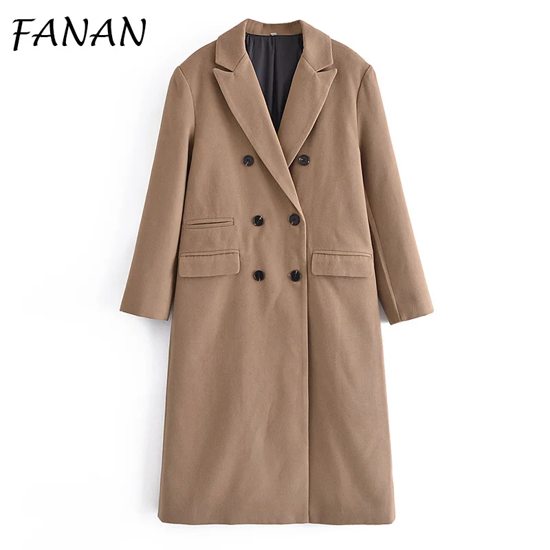 

FANAN 2021 Women Fashion Double Breasted Fitted Trench Coat Za Vintage Long Sleeve Back Vents Female Outerwear Chic Tops