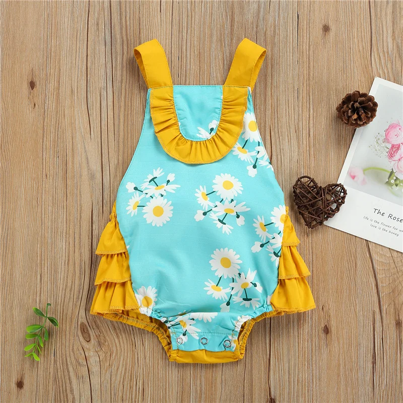 

Baby Girls Casual Romper, Blue and Yellow Decorative Floral Printed Pattern Sleeveless Square Collar Frills 1-Piece