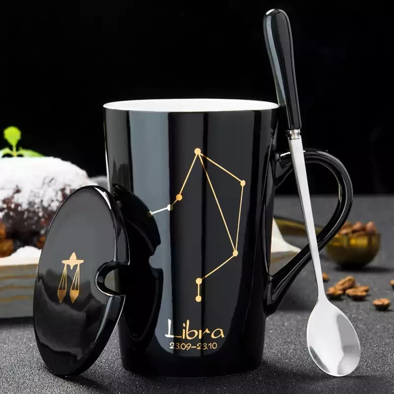 

Fasion 12 Constellations Creative Ceramic Mugs with Spoon Lid Porcelain Zodiac Milk Coffee Cup 400ML Water Drinkware