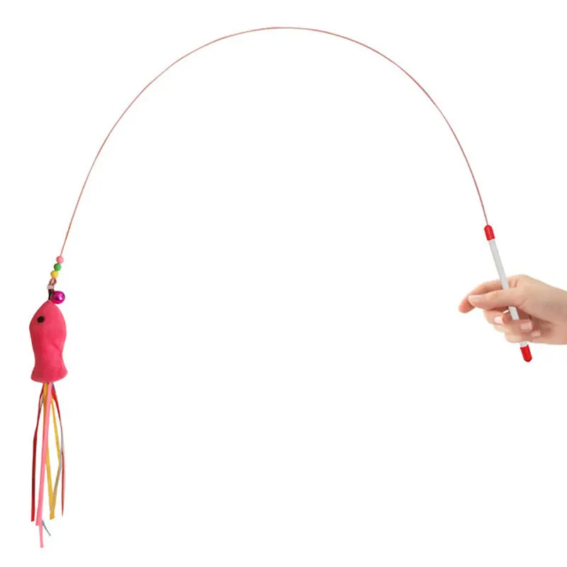 Elastic Metal Boom Tease Cat Stick Funny Toy + 3 Pcs Replaceable Plush Fake Fishes Playing With Your Kitten Pets Make Fun | Дом и сад