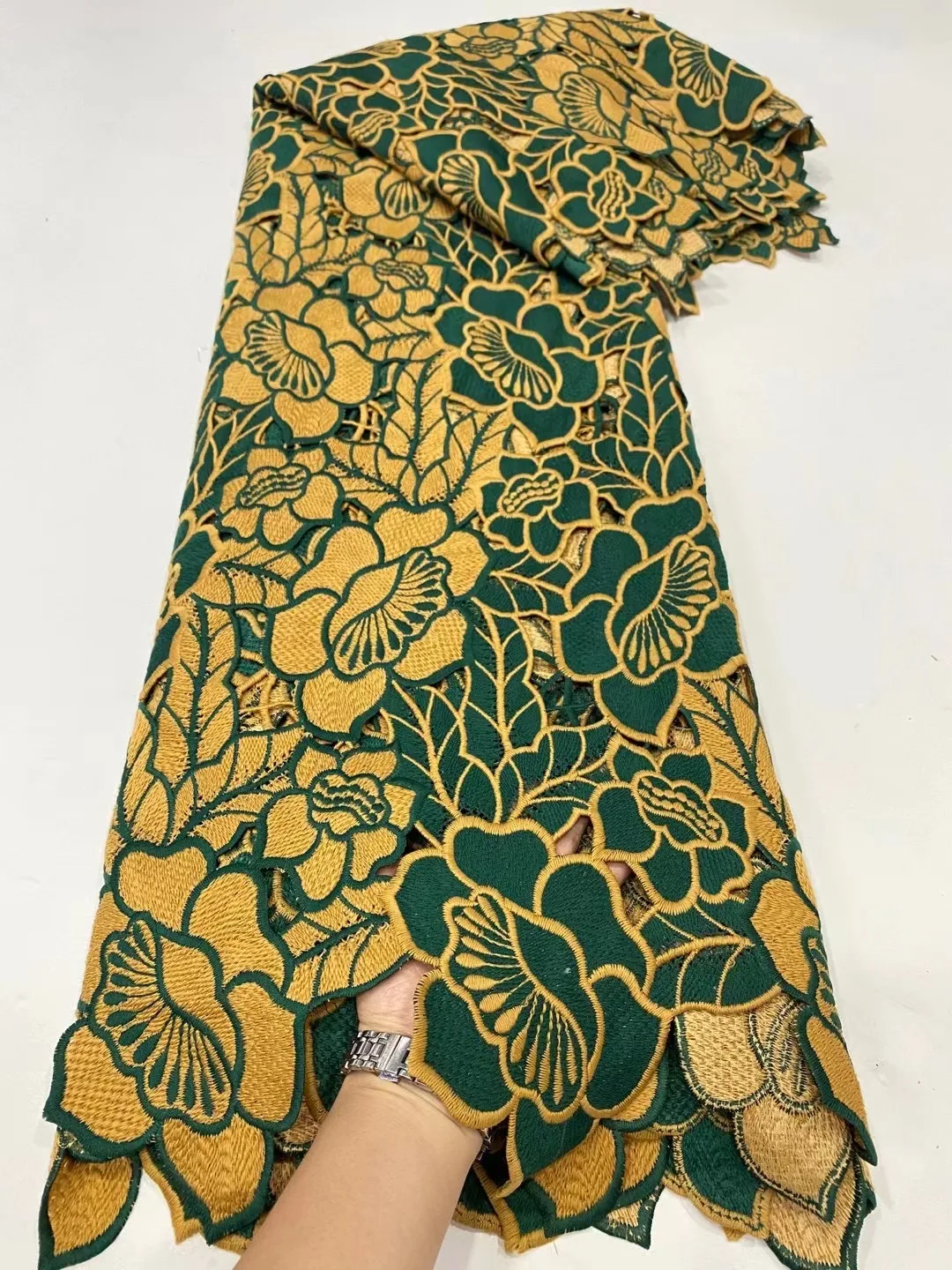 

African Lace Fabric 3D Floral Tulle Lace Fabric Yellow Green Embroidery African Guipure Cord lace Fabric For Wedding/Party Dress