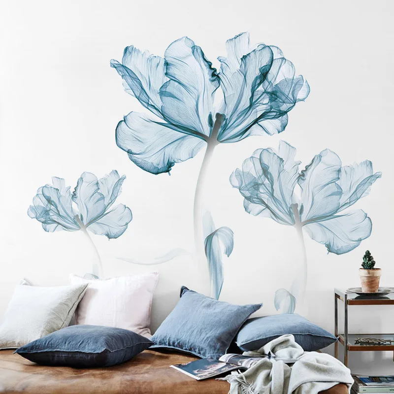 110*180cm Large Blue Flowers Wall Stickers for Living rooms Bedroom Sofa TV Background Plant Vinyl Decals Home Decoration | Дом и сад