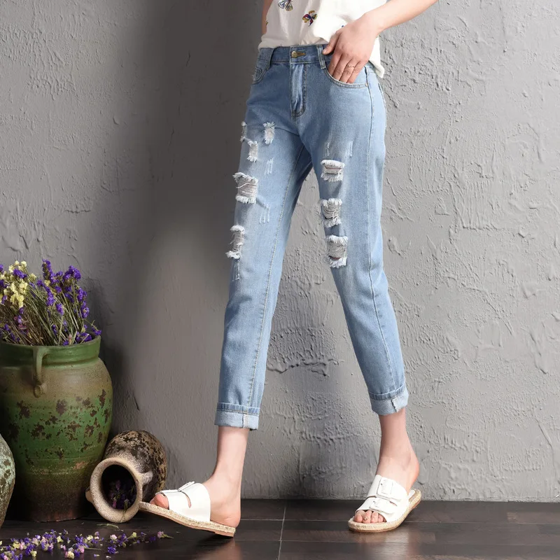 Женские потертые джинсы до щиколотки повседневные свободные рваные размера плюс