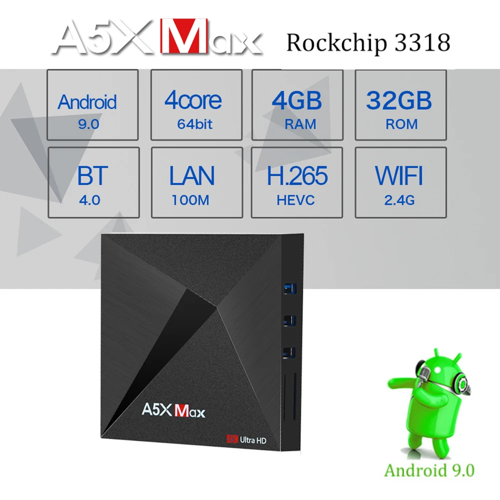 

A5XMax Smart TV Box Android 9.0 RAM 4GB 32GB 4K Media Player 2.4g WIFI RK3318 Quad Core H.265 Network Set-Top Box