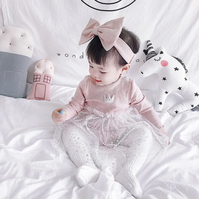 

Glitter Star Baby Girl Romper Crown Long Sleeve Princess Bodysuit+Headband+Socks 3Pcs Set Kids Clothes E93032