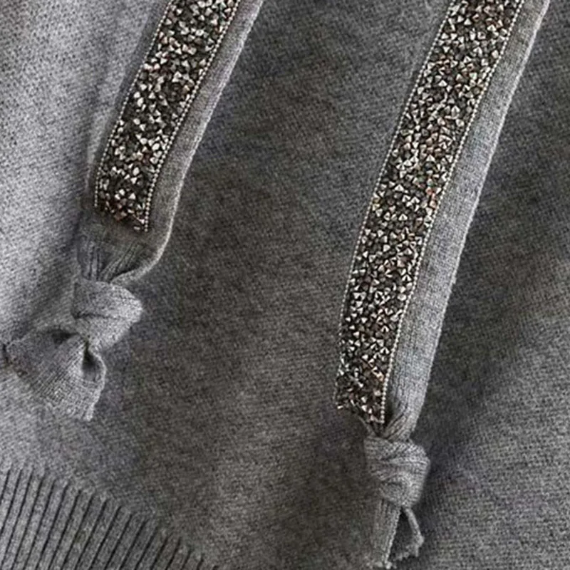 

Hooded Knitted Sweater Faux Diamonds Beading Women Sweater Stretchy Solid Pullovers Female Casual Chic Knit Sweater Women