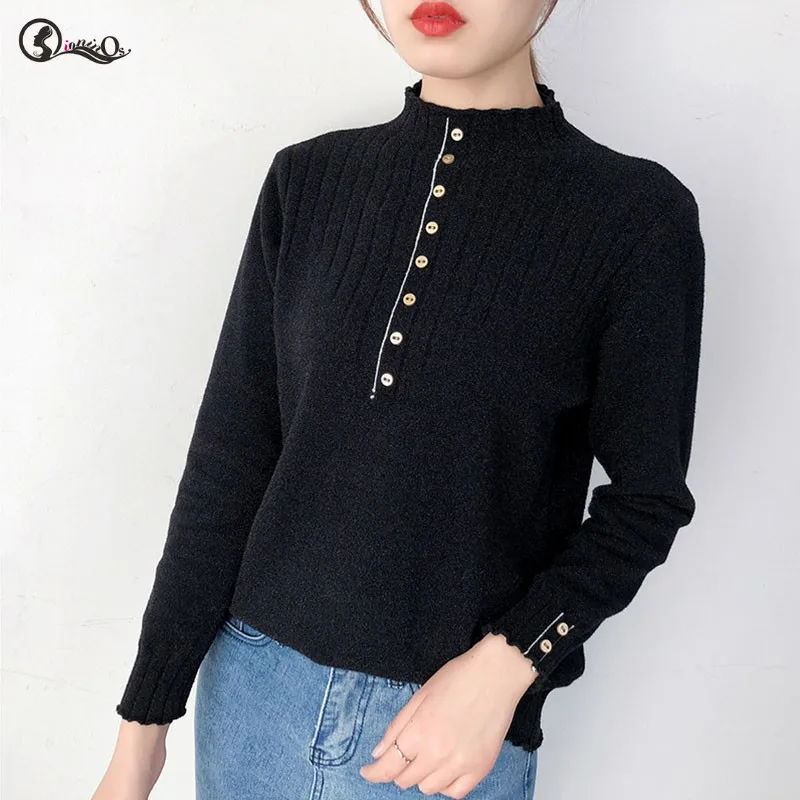 Solid Color Casual Loose Sweater Women Pullovers Simple Turtleneck Warm Long Sleeve Cute Knit Tops Button | Женская одежда