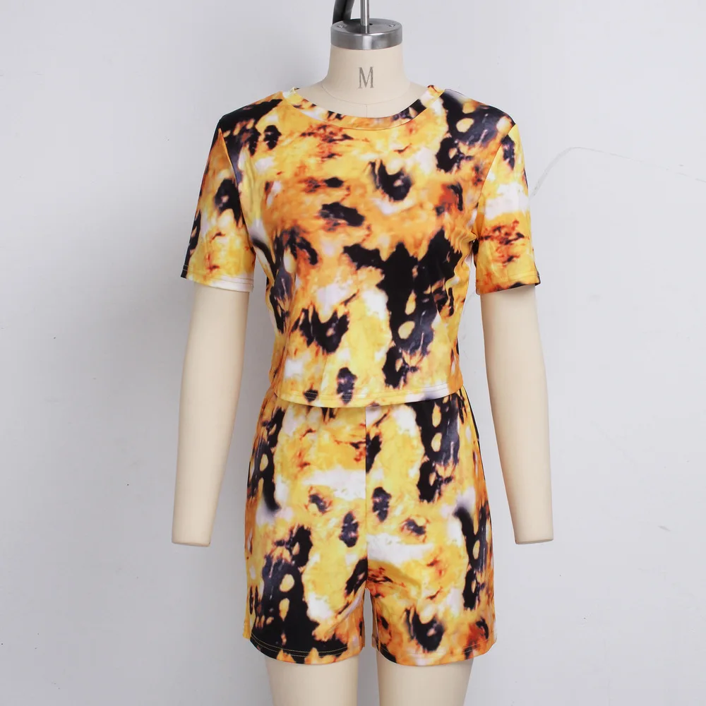 

Summer 2 Piece Sets Women Festival Clothing Tie Dye Print Short Sleeve Crop Top High Waist Biker Short Plus Size Matching Suits