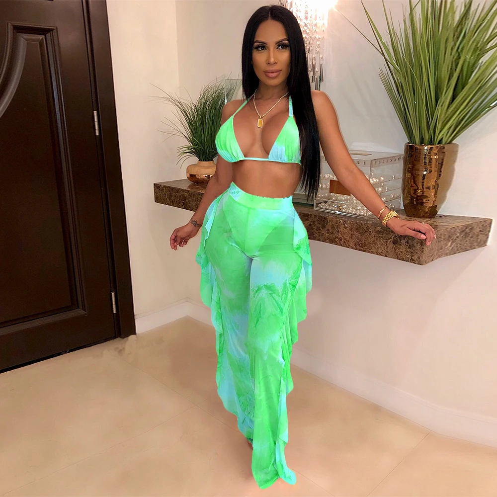 

S3592 European and American women's summer hollow tie dye bikini suspender with ruffle edge wide leg pants (including underwear)